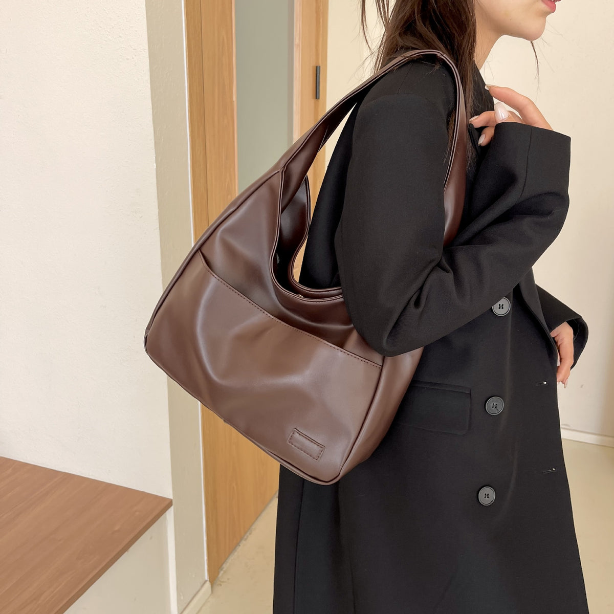 Retro Simple Bucket Bag soft PU leather tote bag large capacity fashion casual tote bags for women