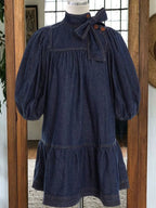 Hem Bow Denim Dress Denim Dress for Women's Half Sleeve Button Down A-Line Belted Classic Jean Dresses
