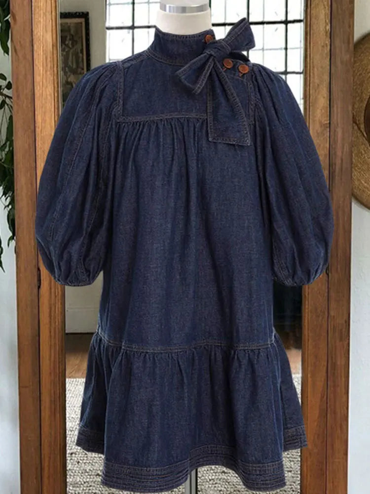 Hem Bow Denim Dress Denim Dress for Women's Half Sleeve Button Down A-Line Belted Classic Jean Dresses