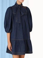 Hem Bow Denim Dress Denim Dress for Women's Half Sleeve Button Down A-Line Belted Classic Jean Dresses
