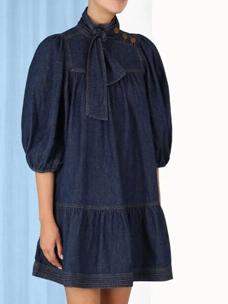 Hem Bow Denim Dress Denim Dress for Women's Half Sleeve Button Down A-Line Belted Classic Jean Dresses