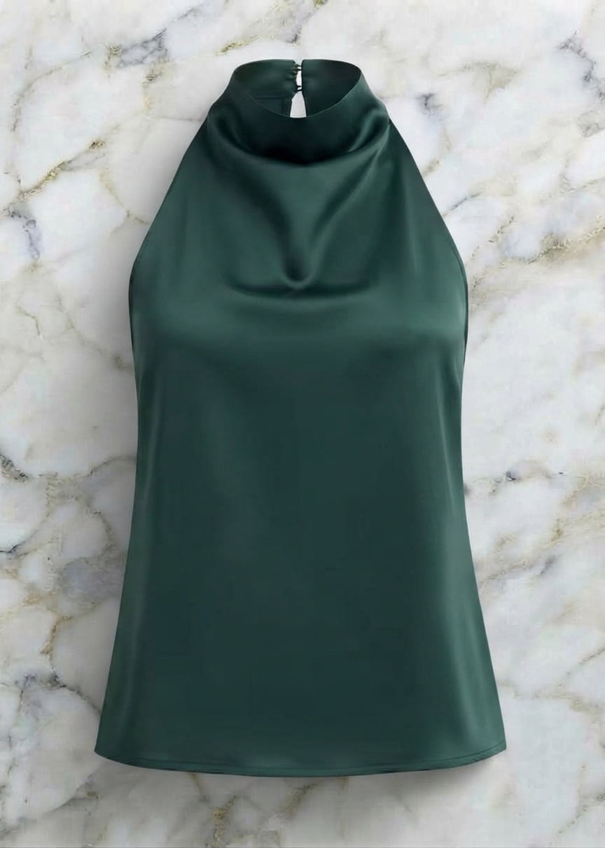 Draped Satin High-Neck Top
