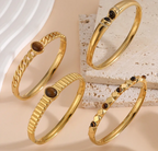 Cuff Bracelet with Brown Oval Crystal, Gold-Plated Steel