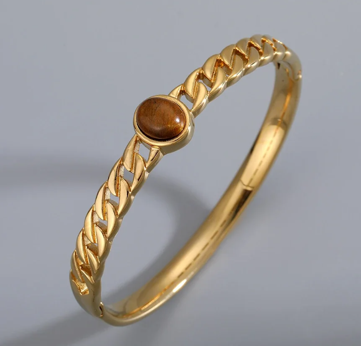 Cuff Bracelet with Brown Oval Crystal, Gold-Plated Steel
