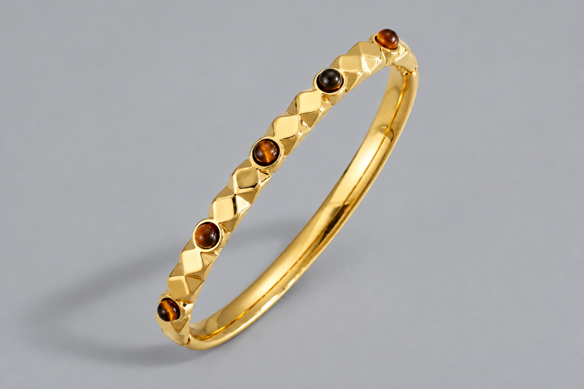 Cuff Bracelet with Brown Oval Crystal, Gold-Plated Steel