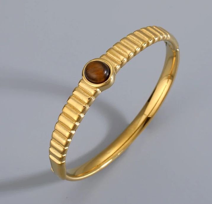 Cuff Bracelet with Brown Oval Crystal, Gold-Plated Steel