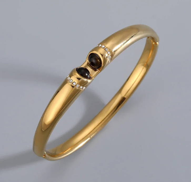 Cuff Bracelet with Brown Oval Crystal, Gold-Plated Steel